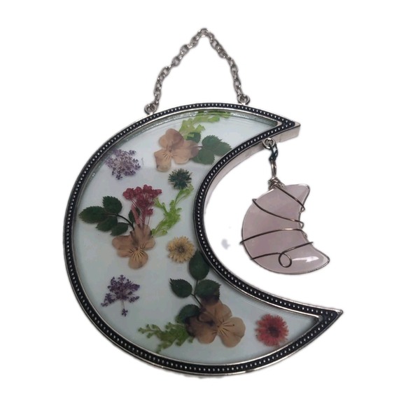 Other - Vintage Dried Pressed Flowers Glass Metal half Moon Frame Hanging W/Rose Quartz